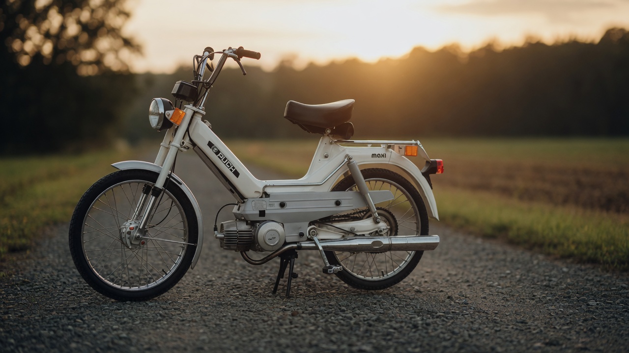 White Puch Maxi step-through moped on a gravel road — cinematic hero still