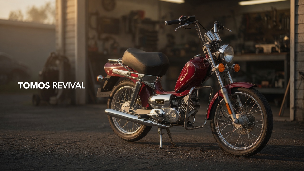 Tomos Revival step-through moped in a lit garage — cinematic hero still
